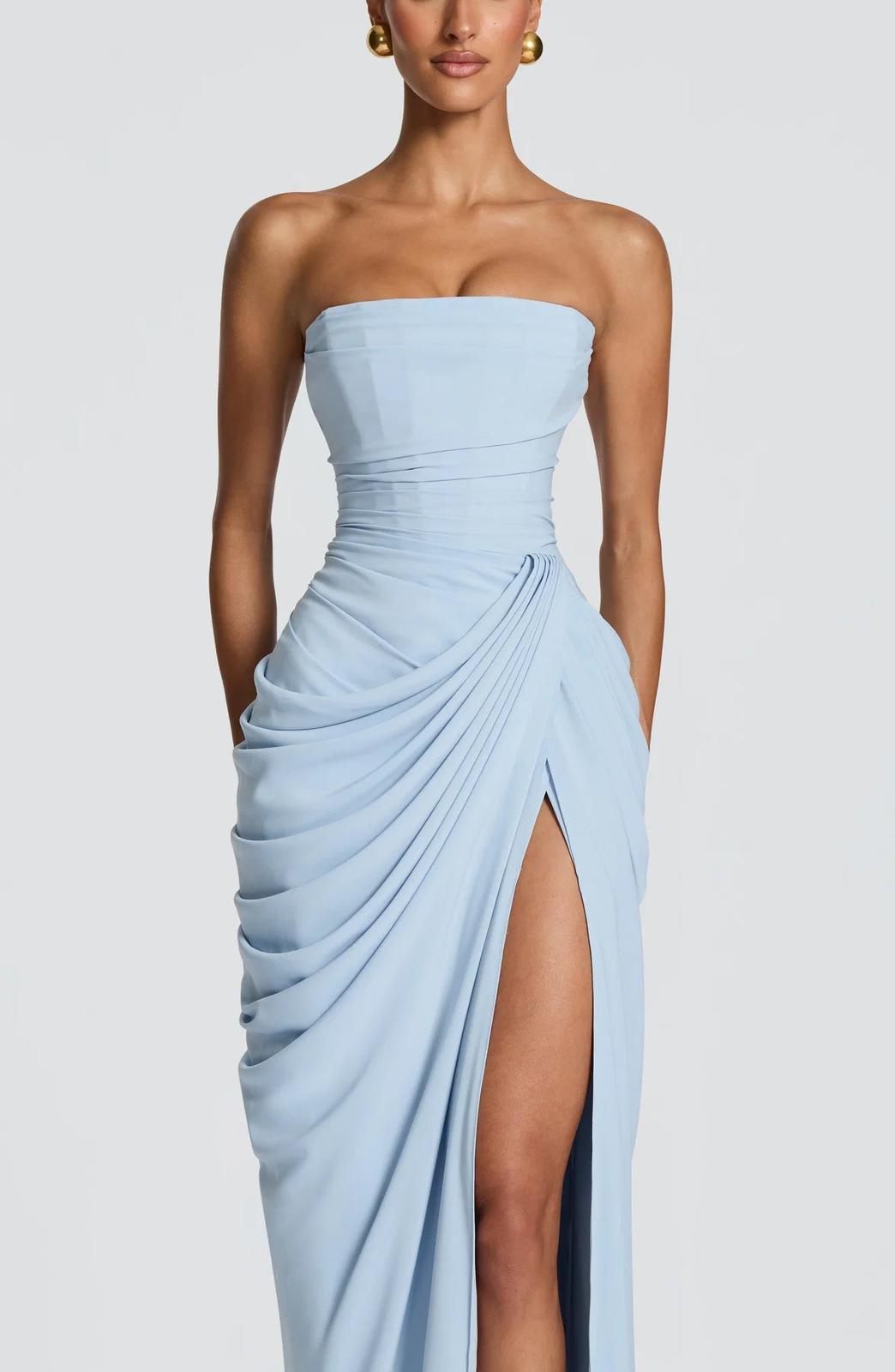 Aurelia Draped Maxi Dress in Light Blue side detail - Maeve & Erin Dublin